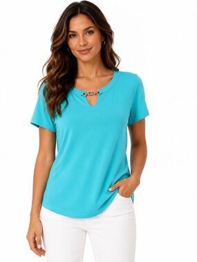 NWT Talbots Aqua Keyhole Necklace Neckline Top Short Sleeve Blouse — Size L